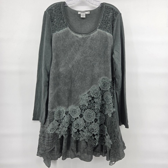 Feratelli Tops - Feratelli Tunic Top XL Green Crochet Lace Ruffle Eclectic Boho Lagenlook Indie